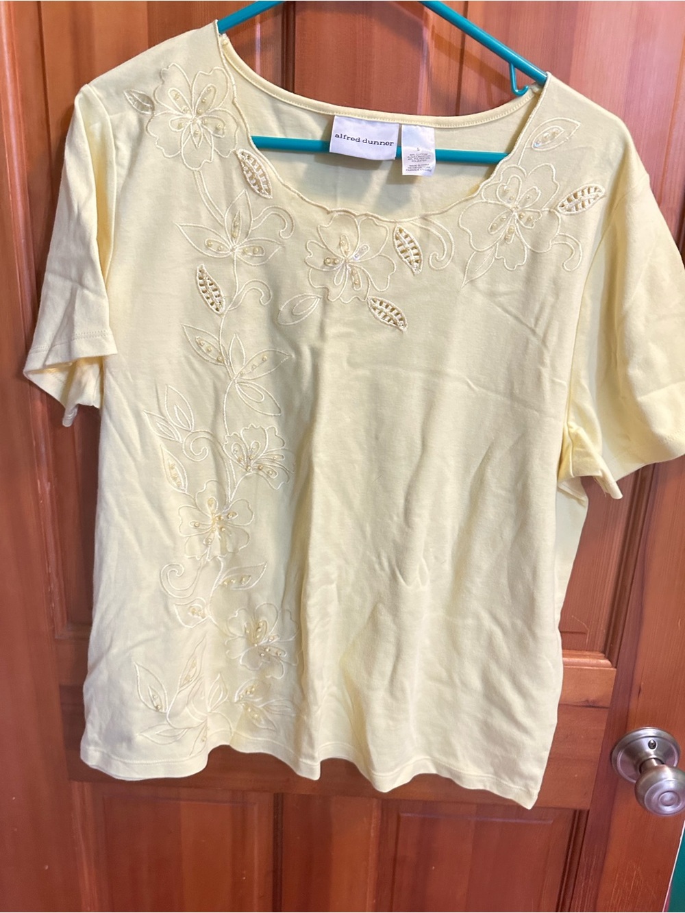 Alfred Dunner Pale Yellow Short Sleeve Top with Floral Embroidery